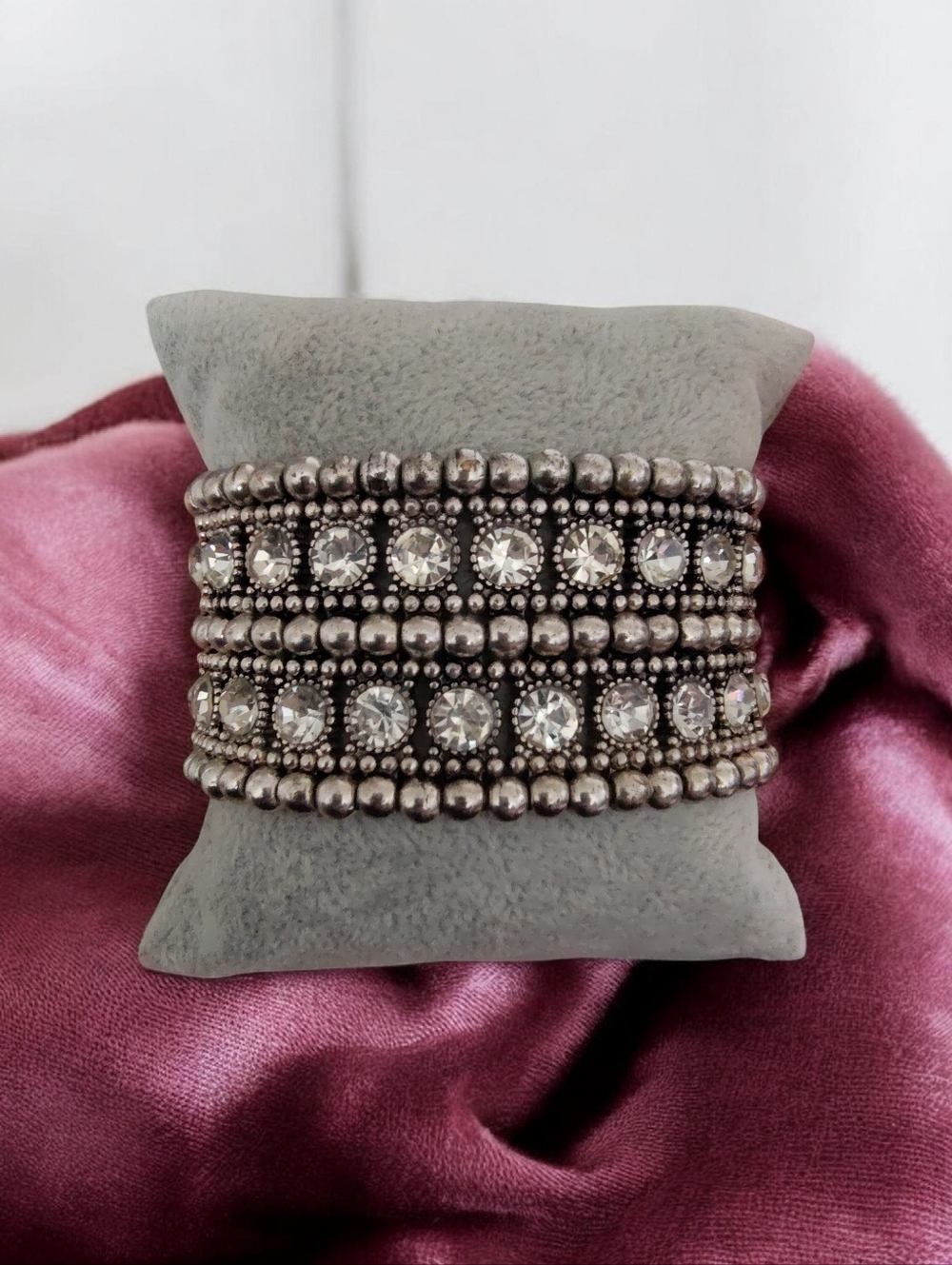 Wide Silver Tone Rhinestone Stretch Bracelet | Vintage-Inspired Statement Cuff